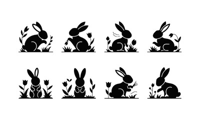  Modern vector-style illustrations of rabbits in various sitting and grooming poses, easily editable.