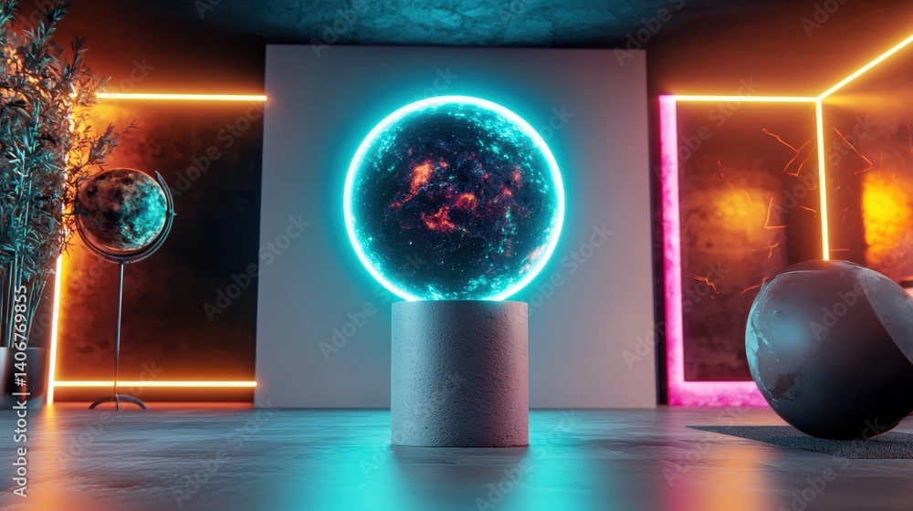 Aufkleber futuristic digital globe display modern art gallery 3d visualization neon environment dynamic perspe