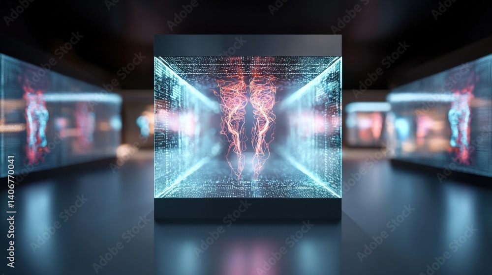 Poster dynamic display of futuristic technology in an interactive exhibition space highlighting digital art