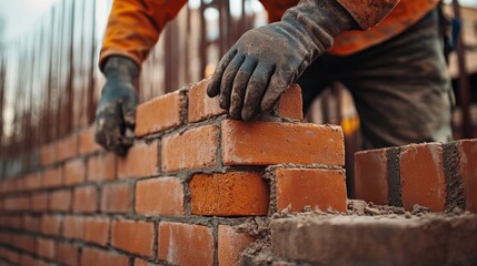 Bricklayer building a brick wall on a construction site. Featuring brick laying and masonry