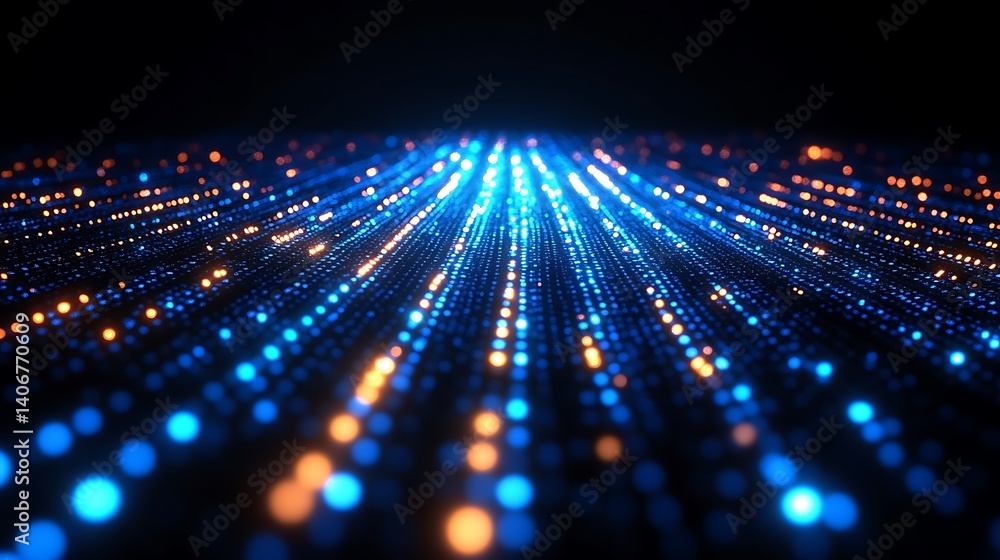 Poster digital flow: abstract representation of data stream, glowing particles converge into a bright blue 
