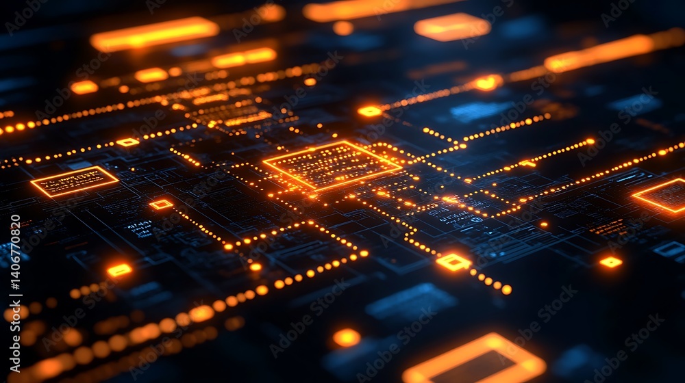 Poster circuit board: a high-tech circuit board glows with intricate detail, its network of pathways and co