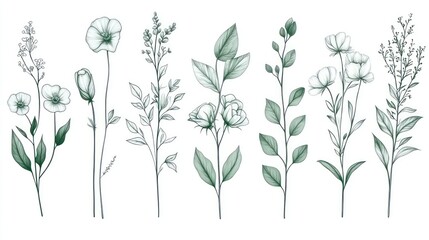 Collection of delicate botanical illustrations, featuring flowers and foliage, suitable for decorative use