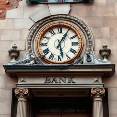 Fototapeta premium A crumbling bank façade with a stressed, time-worn clock above.