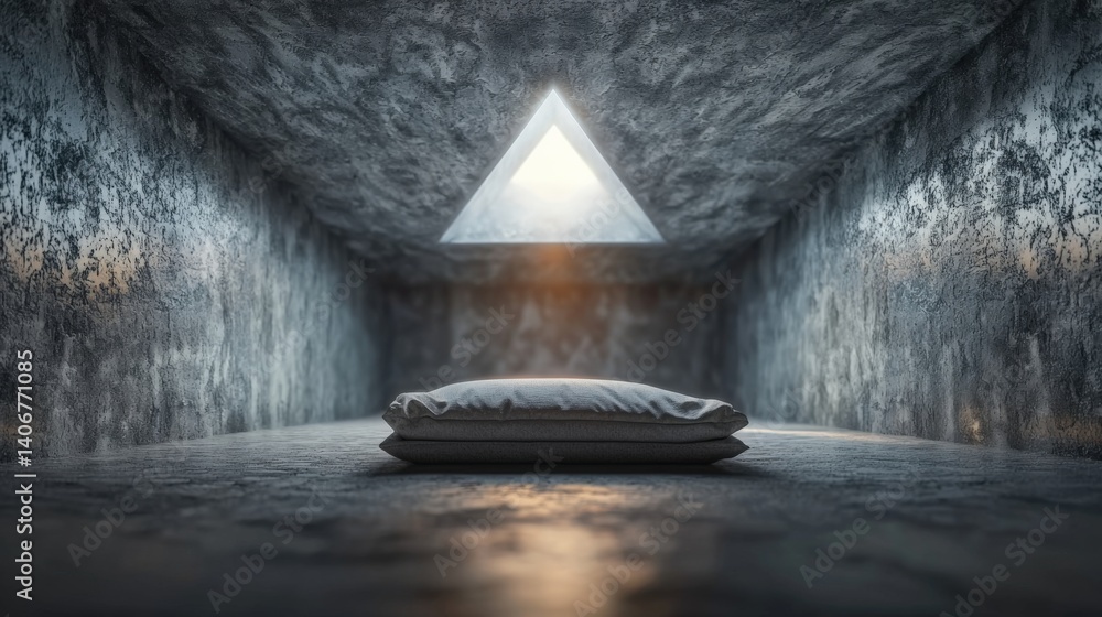 Poster mysterious room with triangular light abandoned location digital art minimalist environment close-up