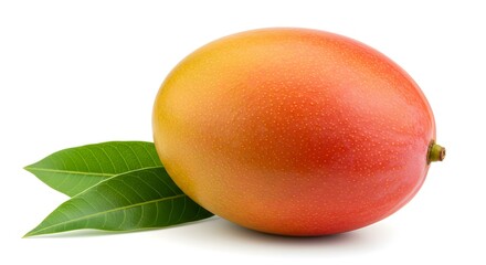 Mango fruit with green leaf isolated white background