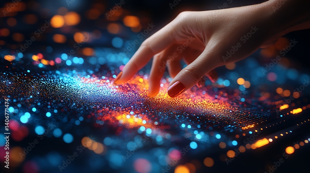 Poster digital touch: a close-up view of a hand interacting with a digital interface, with a blurred, yet c