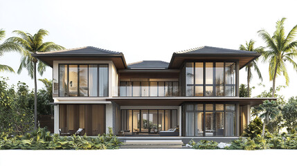 Modern resort style house with large windows and palm trees