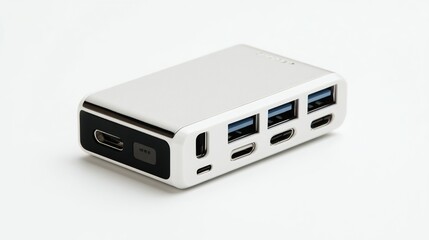 Silver USB hub with multiple ports on white background.