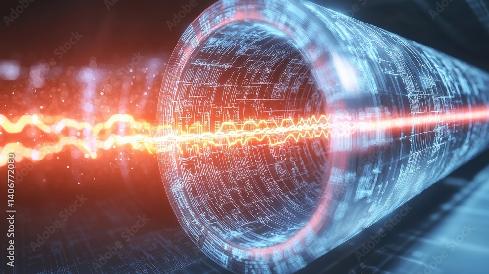 Poster exploring quantum waves energy transmission in a sci-fi environment digital visualization futuristic