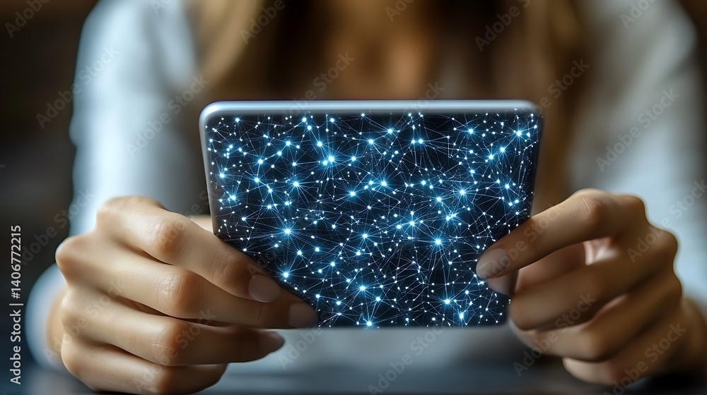 Poster digital cosmos: a person's hands cradle a tablet displaying a brilliant constellation of interconnec