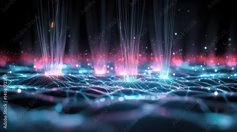 Poster dynamic light patterns emerge from a tech-infused surface futuristic environment abstract visuals di