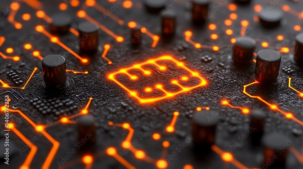 Poster glowing circuit board microchip: a close-up shot reveals an illuminated microchip at the heart of a 