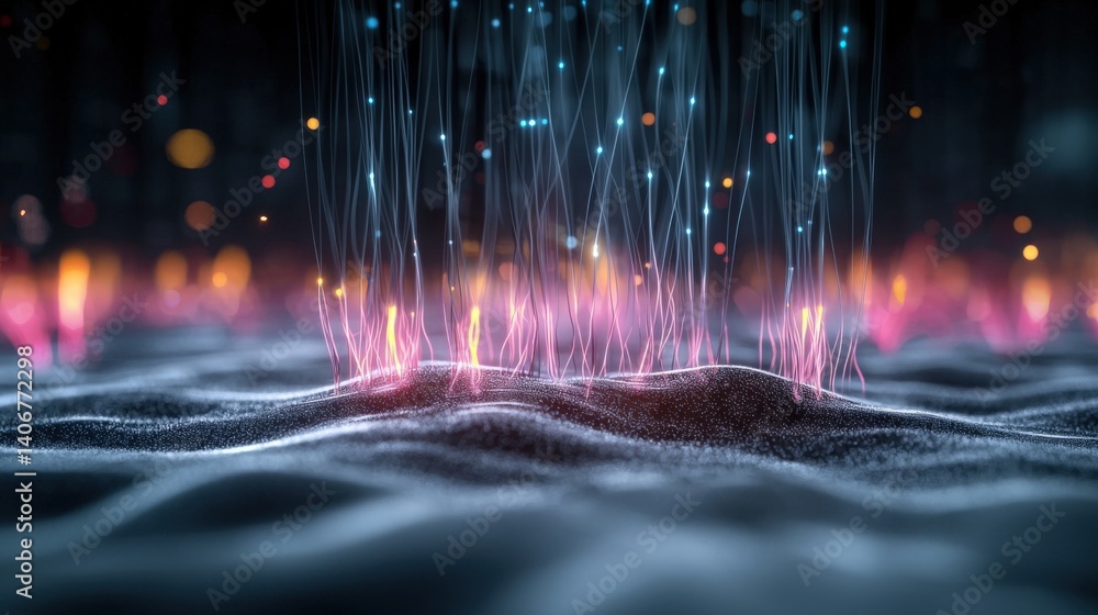 Poster dynamic light patterns emanating from vibrant terrain digital space abstract art futuristic environm