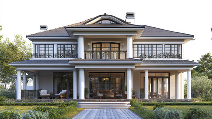 Fototapeta premium Elegant two story house with columns and large windows, surrounded by greenery