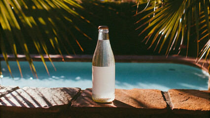 Close-up of a cold, dewy lemonade bottle by the pool on a sunny summer morning. Film style, bright and refreshing Riviera mood.