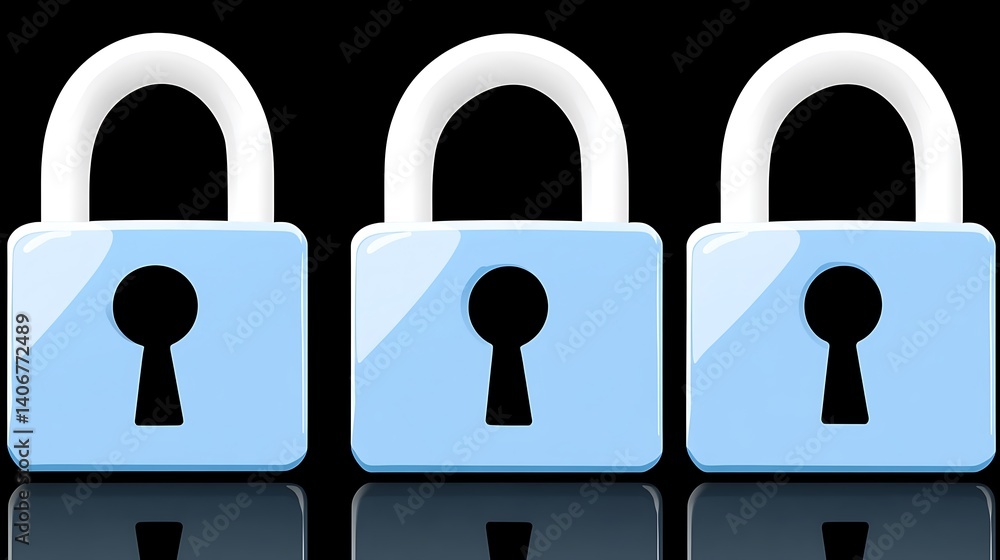 Poster secured trio: a clean graphic of three modern, secure padlocks displayed in a row. representing secu