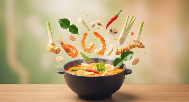 Asian soup Tom Yum with flying ingredients