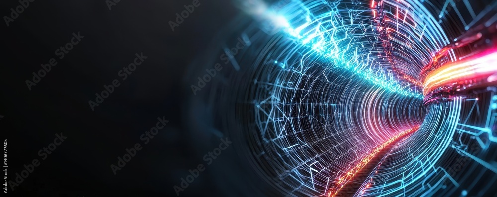 Poster a vibrant, abstract representation of a tunnel with dynamic light trails, suggesting speed and techn