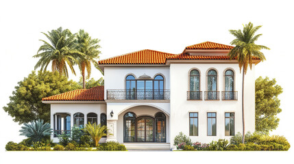 Fototapeta premium Elegant resort style house with palm trees and red roof