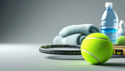 A vibrant yellow tennis ball rests on a sleek racket, accompanied by a water bottle and towel in the background, symbolizing fitness, hydration, and active lifestyle.