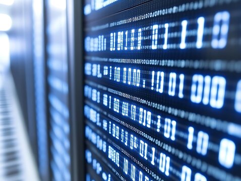 Binary Code Data Server: A close-up of a server displaying streams of binary code, symbolizing the digital world and data processing - Powered by Adobe