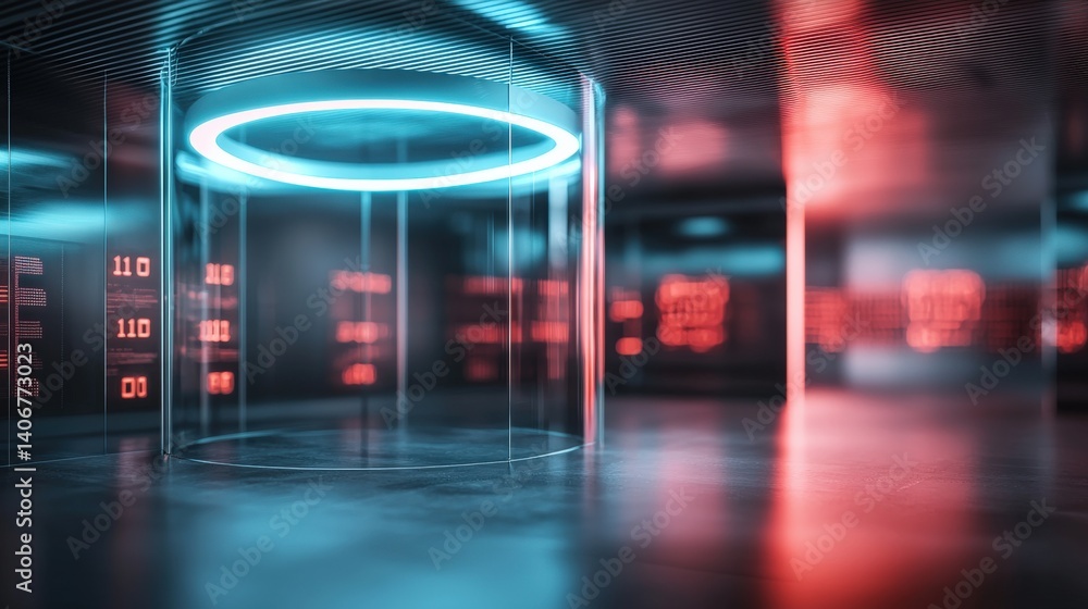 Poster futuristic tech display modern exhibition space 3d render high-tech environment close-up view innova