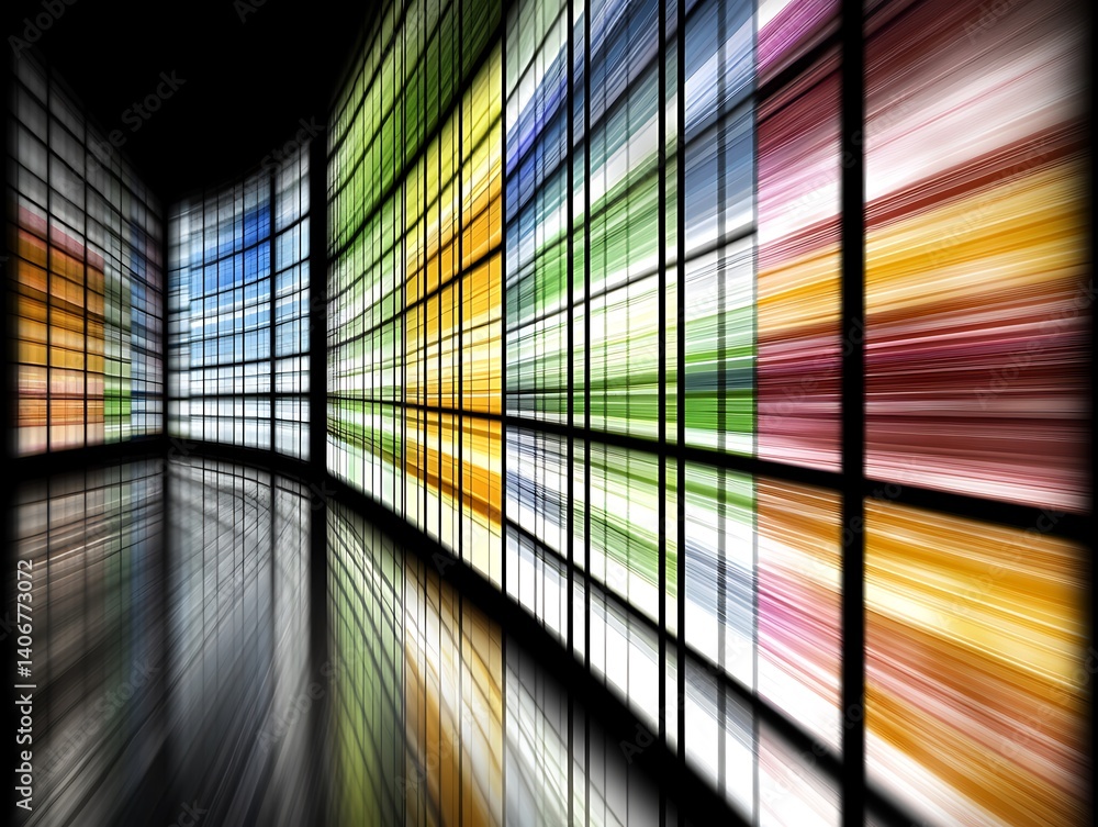 Poster screens in dynamic symphony: a captivating display of screens, bathed in a vibrant spectrum of color