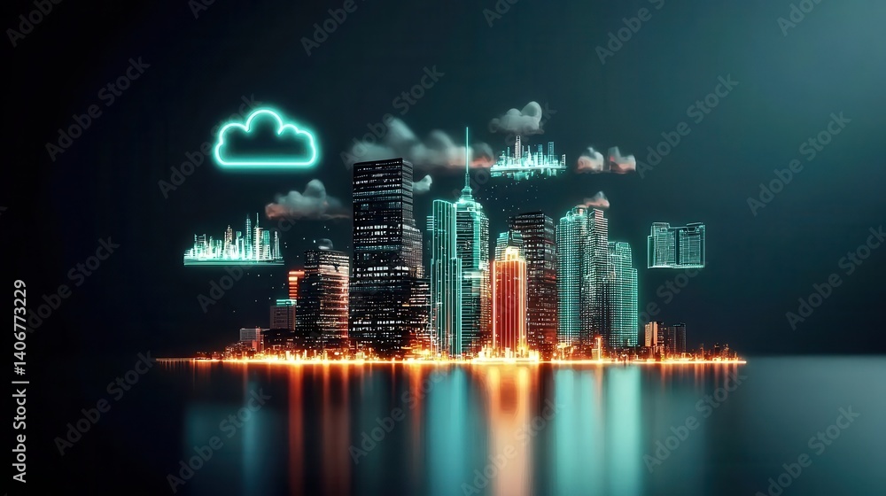 Poster a vibrant city skyline illuminated by neon lights, featuring clouds and data visualizations, creatin
