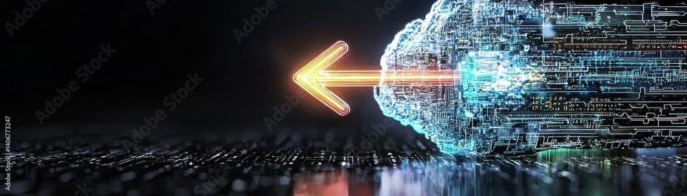 Fototapete A futuristic digital representation showing data flow and movement, with an arrow indicating direction against a dark background.