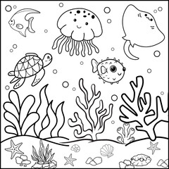 Printable coloring page for World Ocean Day concept. Coloring book activity. Outline vector illustration. coral, fish, jellyfish, sea turtle, stingray. Black and white line ocean life.