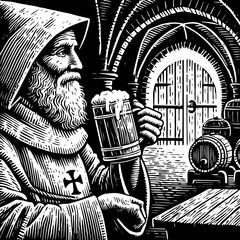 Benedictine Monk with Beer. Woodcut-style illustration of a Benedictine monk holding a beer stein in a cellar with barrels.