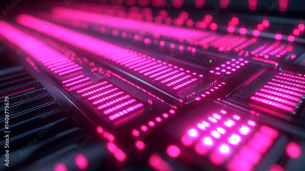 Poster circuit board with neon lights: a striking close-up of a modern circuit board is illuminated with vi