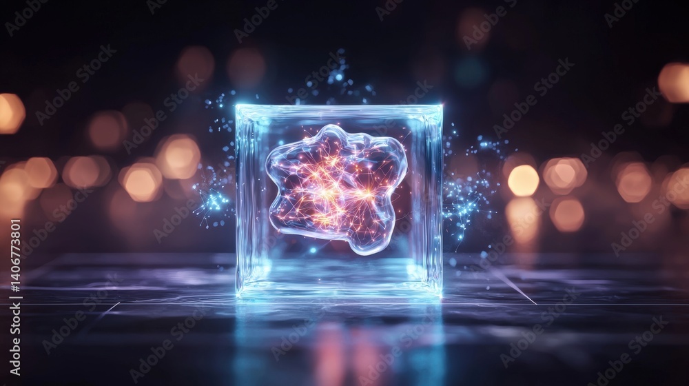 Poster dynamic energy sphere glowing in a dark space environment abstract digital art 3d visualization futu