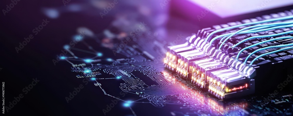 Poster a close-up view of intricate circuit connections, featuring vibrant lights and digital patterns, sho