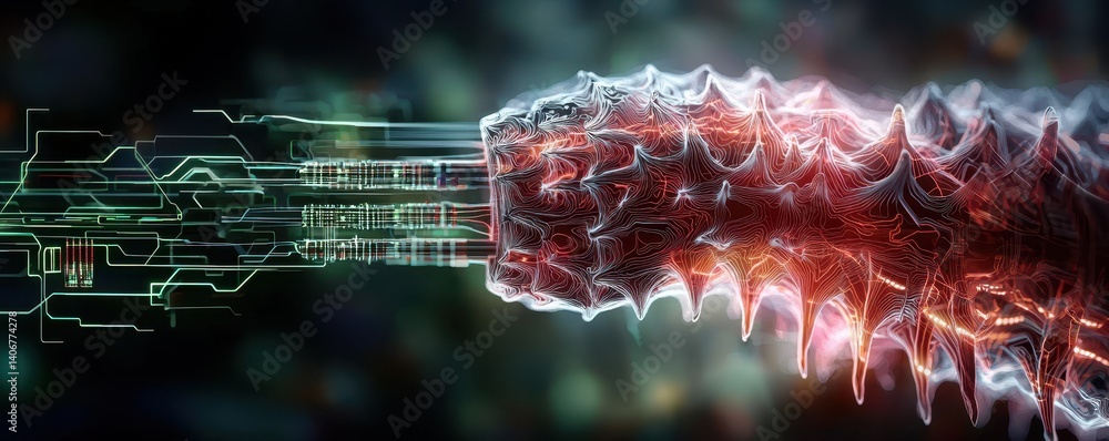 Poster a futuristic, abstract image depicting a digital creature with circuit-like patterns, blending techn