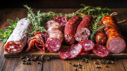An attractive arrangement of various cured meats is showcased on a wooden board, complemented by fresh herbs adding color and aroma. This display captures the essence of gourmet charcuterie