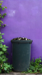 compost bin stationed in a green garden - signifying nature's recycling process vertical - purple background