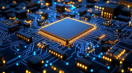 Digital Core: Intricate circuitry and illuminated pathways converge on a central processing unit (CPU), illustrating the complex inner workings of modern technology and innovation.