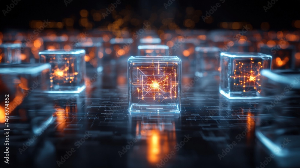 Poster digital innovation showcase futuristic cubes virtual environment 3d visualization high-tech abstract