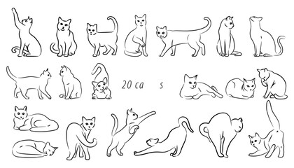 Fototapeta premium Cats line poses set on white background. Vector illustration