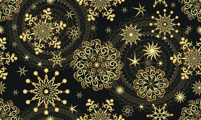 Vector seamless winter pattern with doodle snowflakes and stars  on black. For textile, wallpaper and packaging
