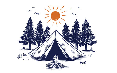 Mountain landscape, Camping, tent, hand drawn.
