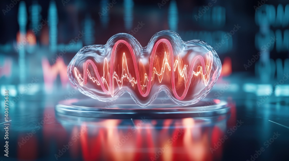 Poster dynamic sound wave visualization digital realm 3d animation futuristic environment close-up view con