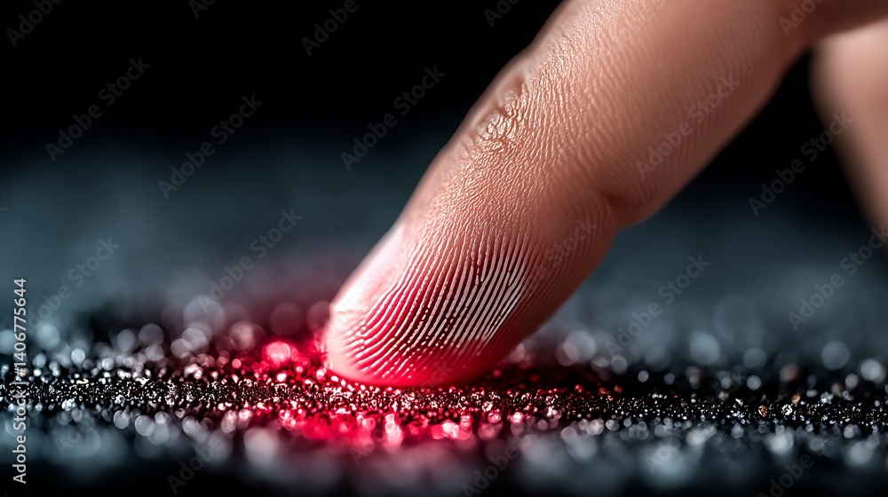 Poster touch of verification: an extreme close-up captures the meticulous lines of a fingerprint illuminate