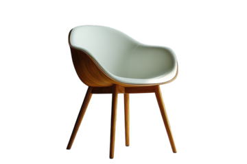 Modern minimalist chair with wooden legs and white cushion in a bright setting