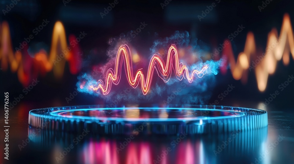 Poster dynamic sound waves visualized in a futuristic setting digital art vibrant colors abstract environme
