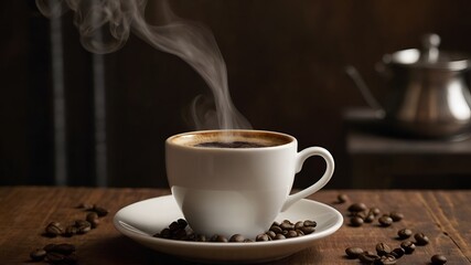 Steaming Coffee in White Cup with Coffee Beans
