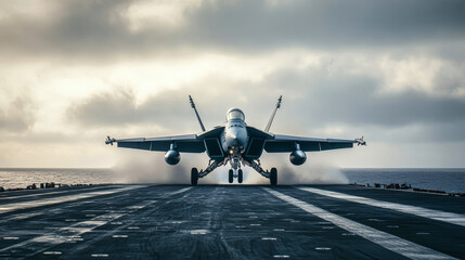 Fototapeta premium Fighter jet ascends from aircraft carrier deck at dawn, soaring into the clouds over the ocean horizon