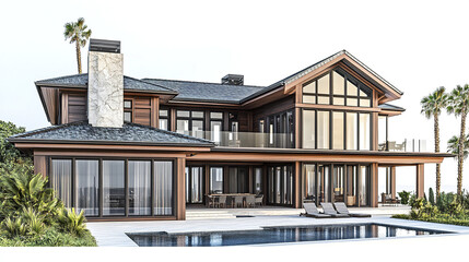 Fototapeta premium Modern resort style house with pool and palm trees, exuding luxury
